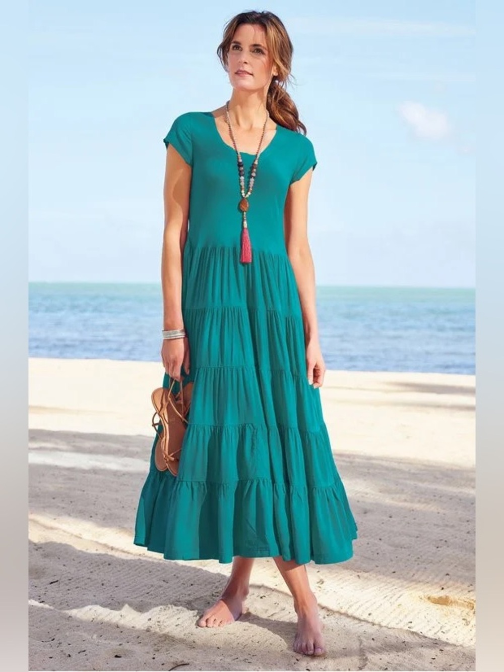 Soft Surroundings Kara Dress Green Maxi Tiered Long Dress Size XS